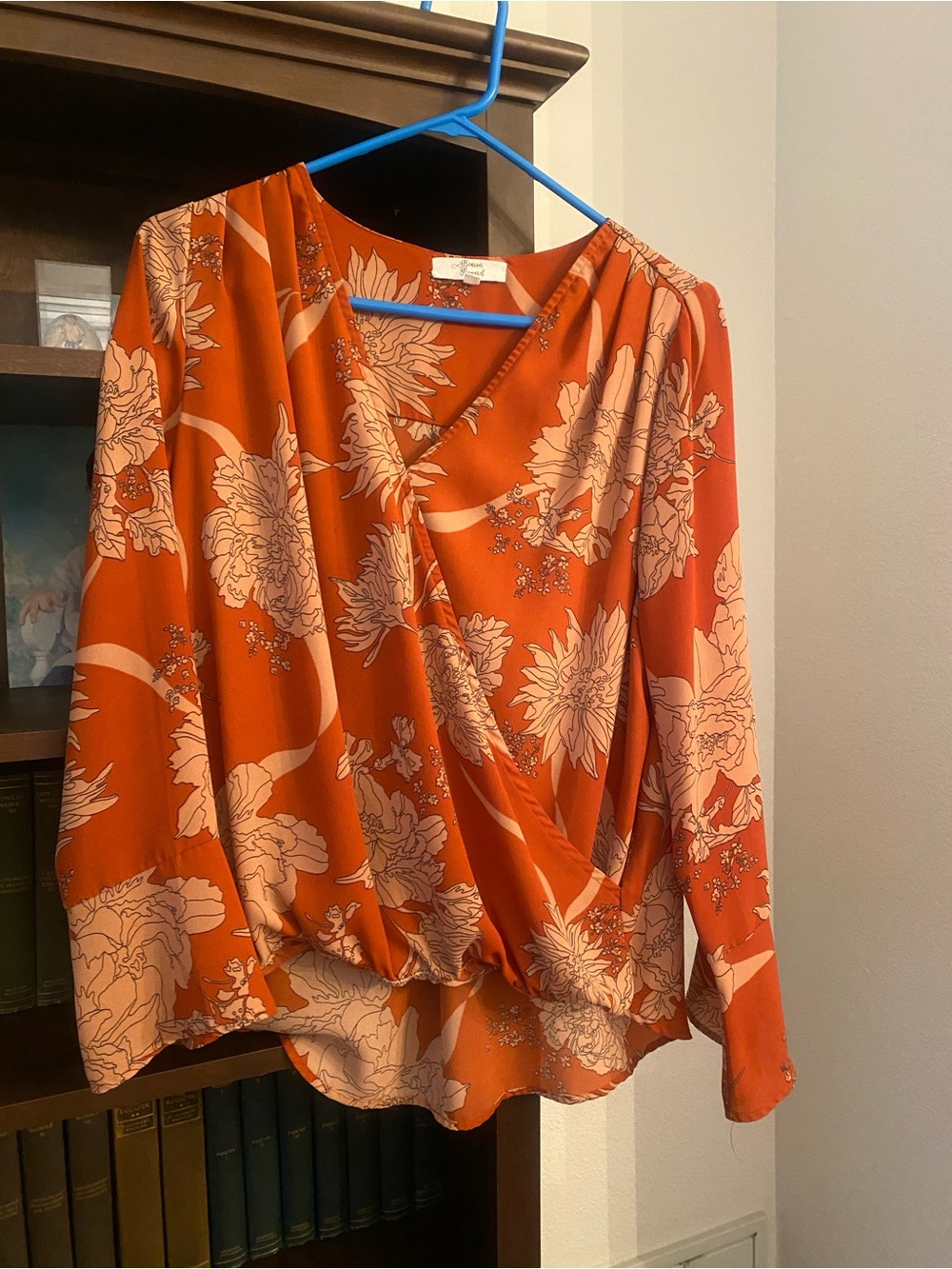Rust Floral Surplice Long-Sleeve Blouse